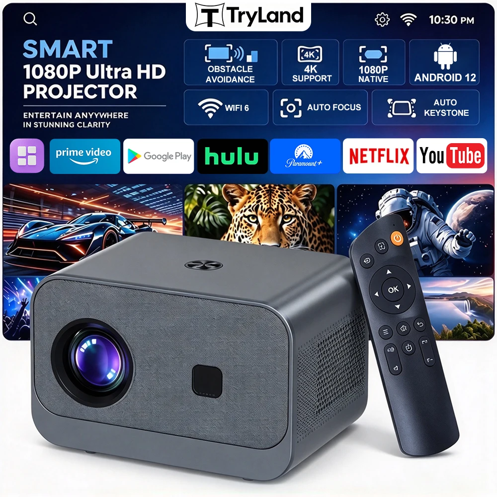 Home Ultra HD 4K Portable Projector Native 1080P High Brightness Support WiFi 6 Bluetooth 5.4 Android 12 Cinema Movie Projector