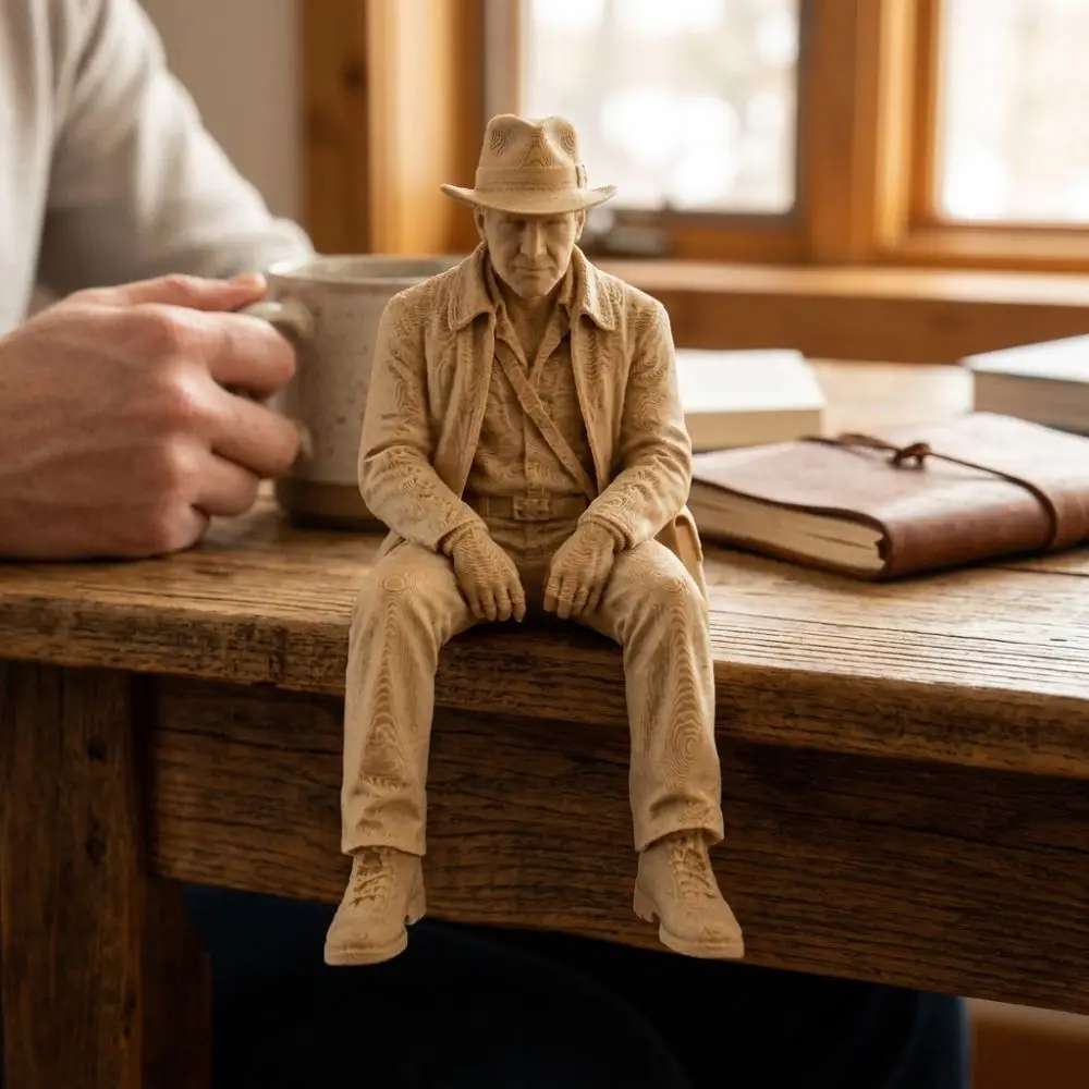 Statue d'explorateur assis imprimée en 3D, sculpture de bureau réaliste et unique, cowboy western en plastique