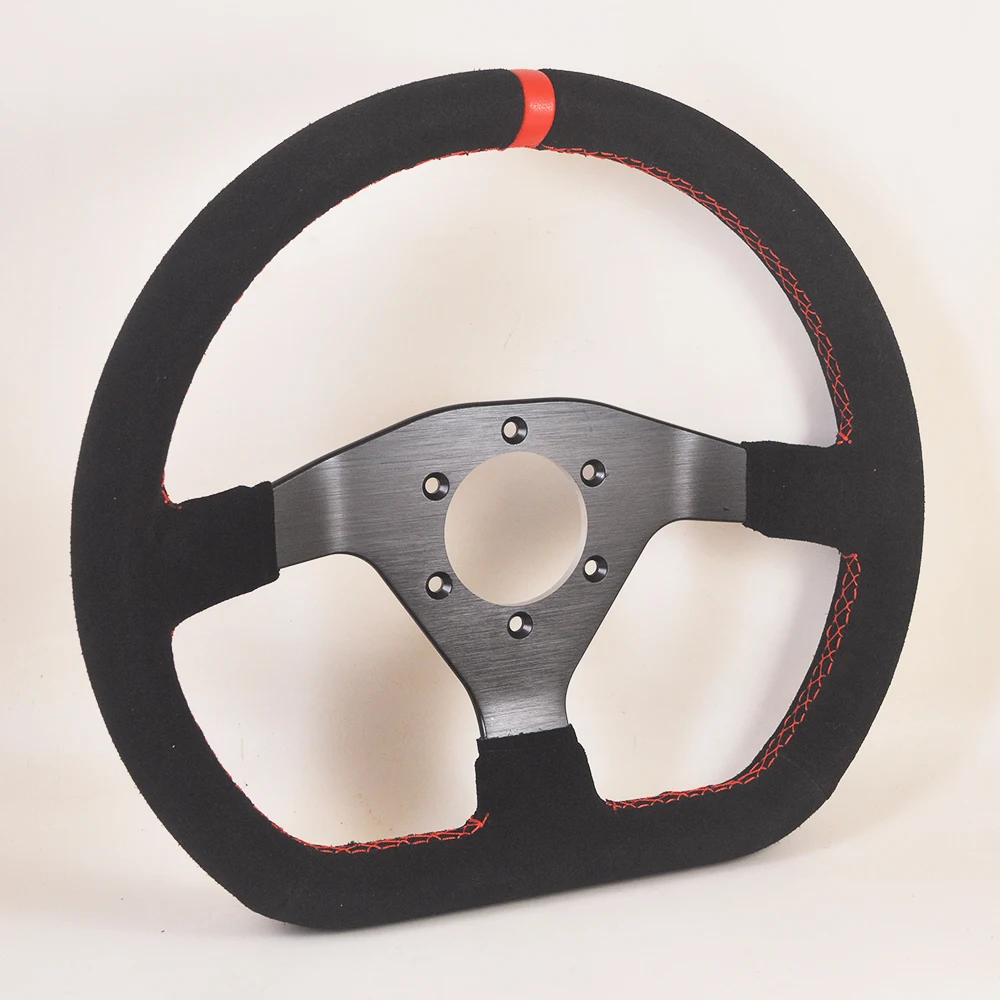 32CM 12.6inch D Shape Suede Leather Red Stitch Sport Racing Race Rally Car Truck Karting Game Simulator Steering Wheel 70mm-PCD