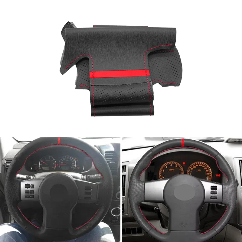 Perforated Leather Red Line&Strip Hand Sewing Steering Wheel Cover For Nissan Pathfinder III 2005 2006 2007-2015 Frontier Xterra