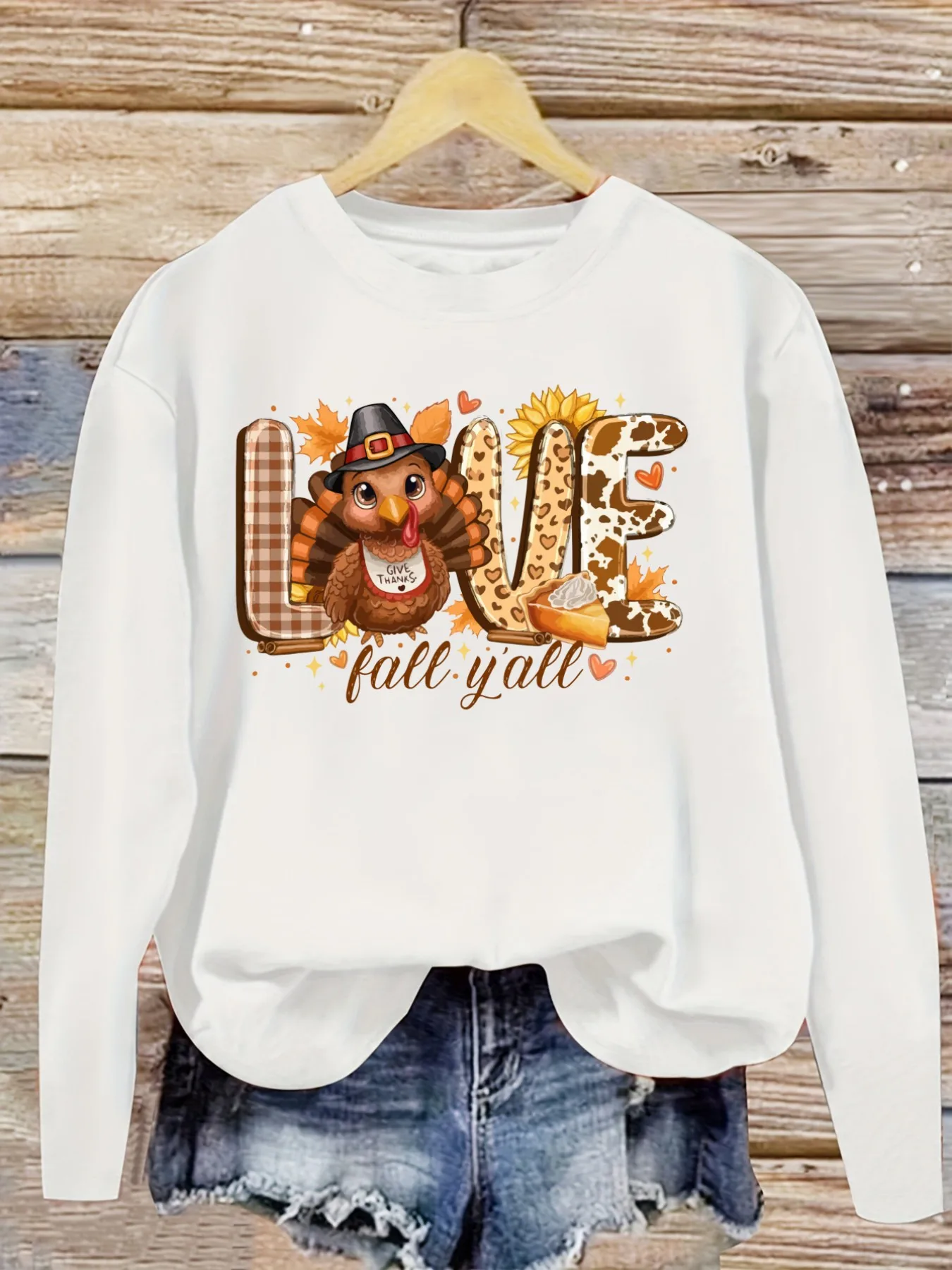 Women's Casual Long Sleeve Crew Neck T-Shirt Love Fall Yall Turkey Print Design, Round Neck Women's Clothing, Machine Washable, Slightly Elastic, Loose Fit, Spring Autumn Winter Women's T-Shirt, Halloween Costume Outfit view 5