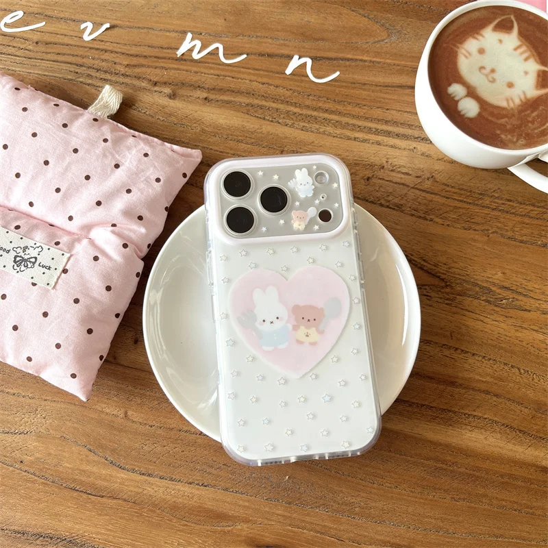 

Kawaii Bunny Bear Heart Glitter Star Clear Phone Case For iPhone 15 16 17 Pro Max INS Cute Large Window Shockproof Cover