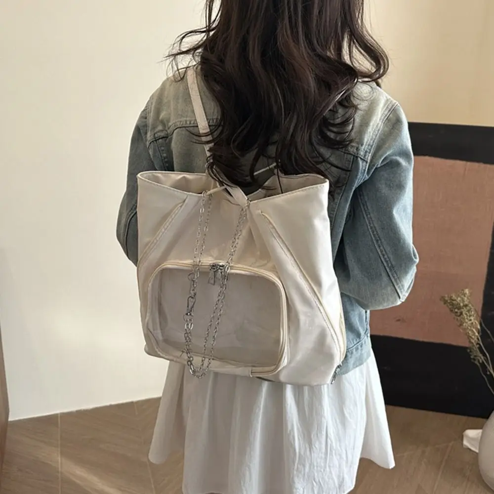 حقيبة يد إبداعية للطلاب، جيب أمامي شفاف، حقيبة كتف أنيقة ذات الاستخدام المزدوج، حقيبة ظهر نسائية خفيفة الوزن من جلد البولي يوريثان