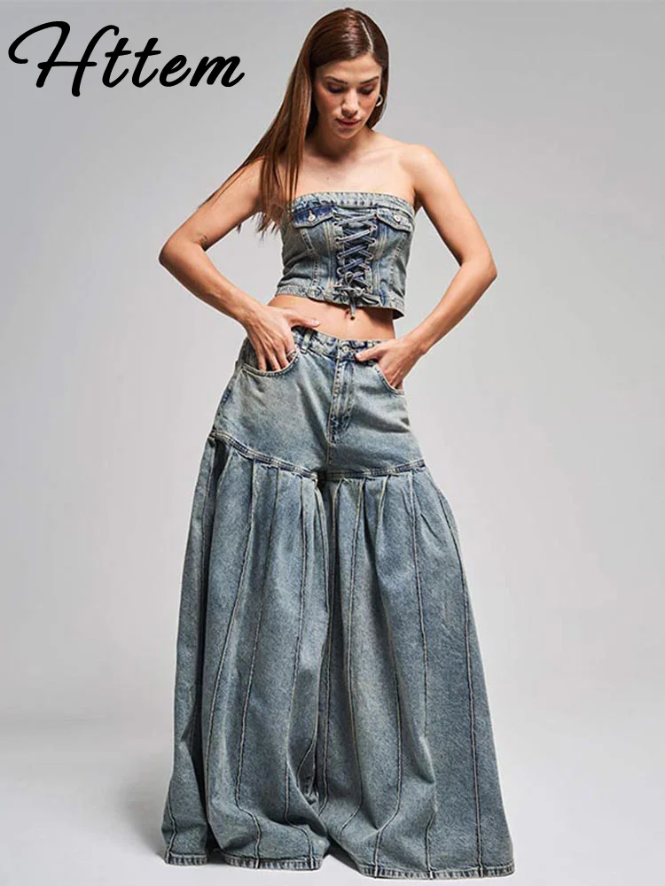 

Fashion Denim Flare Pants Set Women Slim Bandage Tube Crop Top Loose Patchwork High Waist Jeans 2025 Fashion Street Lady Suit