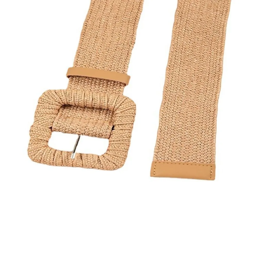 

Wide Pin Buckle Belts Bohemian Solid Color PP Grass Girdle Waistband Braided Woven Elastic Skirt Accessories Women