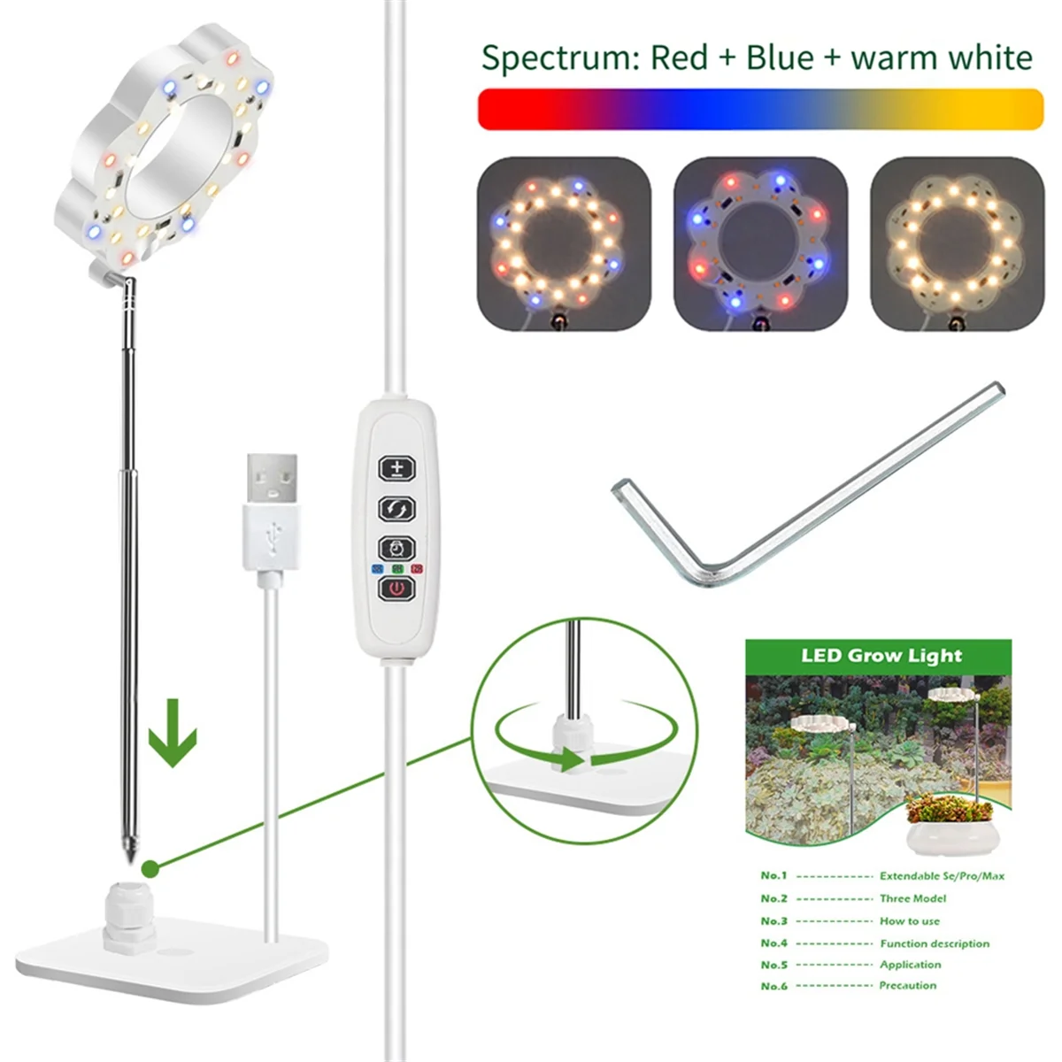 أضواء ABKO-Plant Grow للنباتات الداخلية، ضوء نبات LED كامل الطيف مع حامل قابل للفصل، أضواء متزايدة مع مؤقت تلقائي