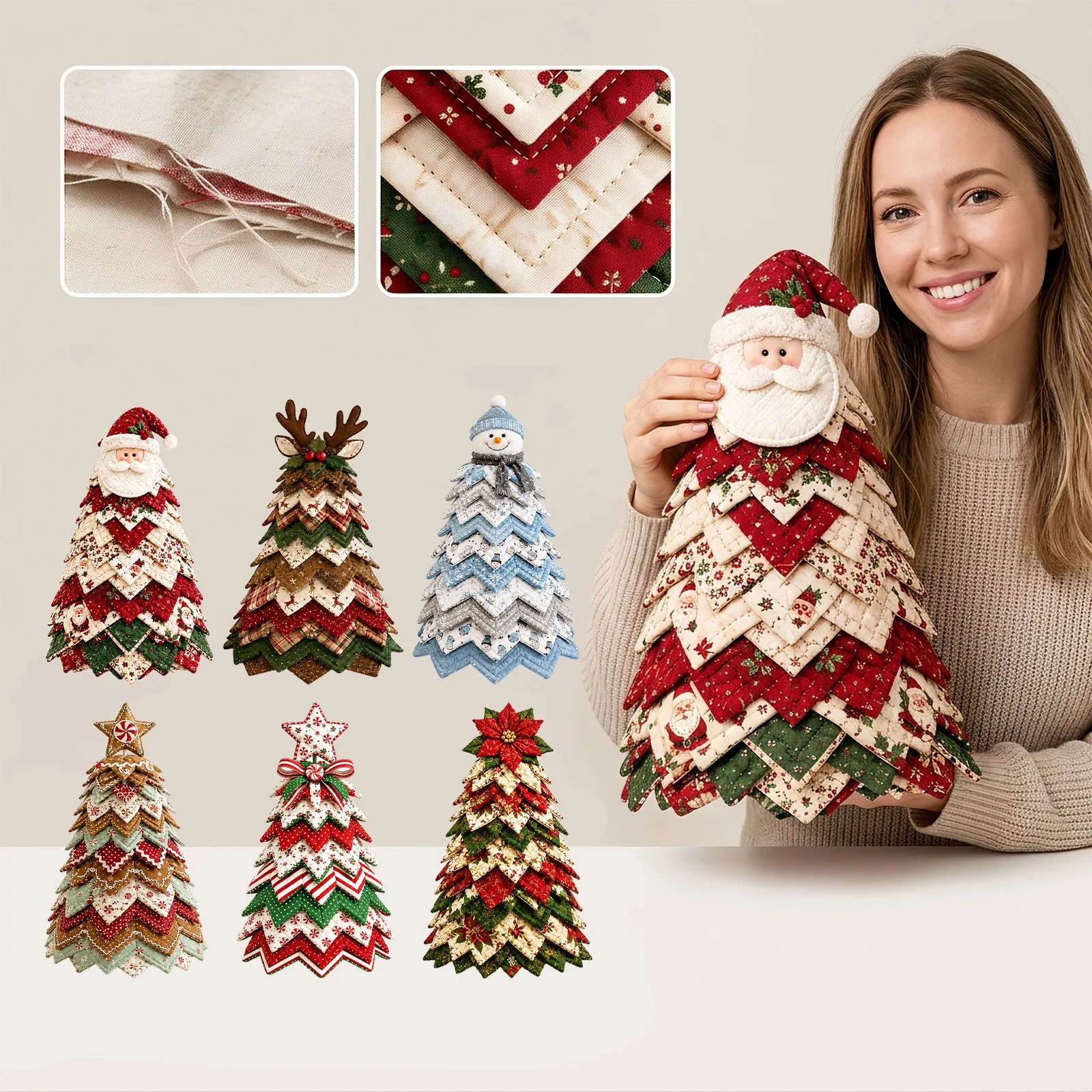 Christmas Tree Patchwork Quilt Set, Blue Hat Snowman DIY Patchwork Decoration for Holiday Party