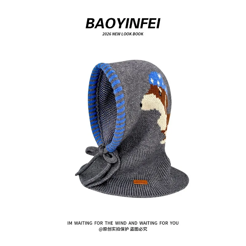 Koreanische Ins Cute Puppy Jacquard Pullover Strickmütze mit integriertem Schal und Ohrenschutz für Damen, Wintermütze – Detail 5