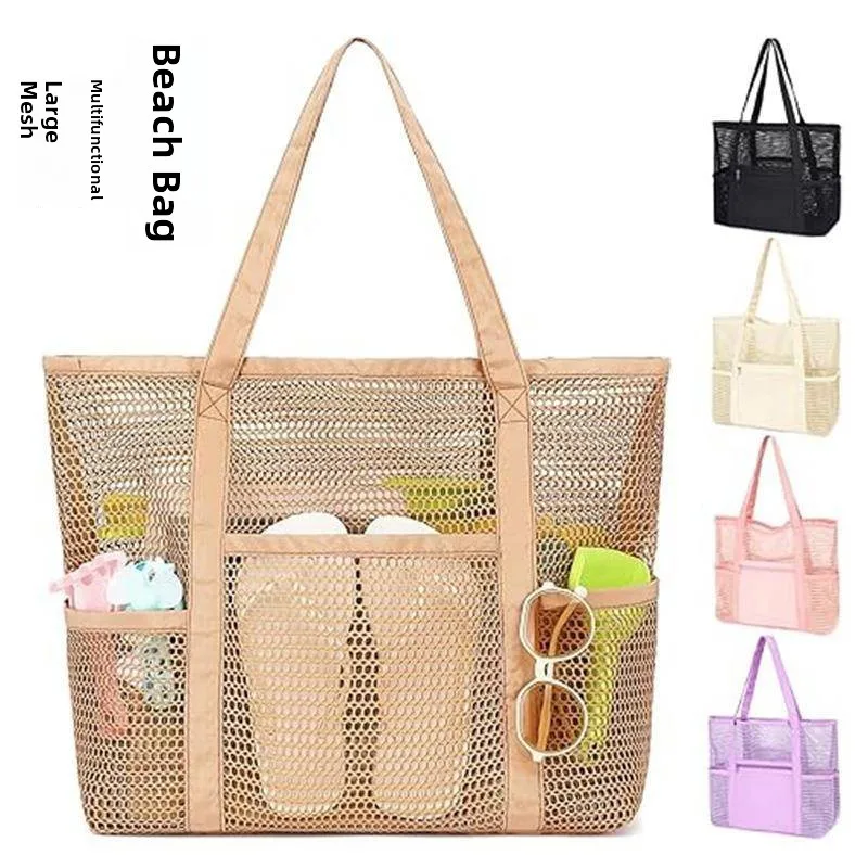 大型メッシュビーチバッグ-レディース-ハンドヘルド-シングルショルダー-クロスボディ-スイミング収納バッグ-水着収納-アウトドアビーチバッグ