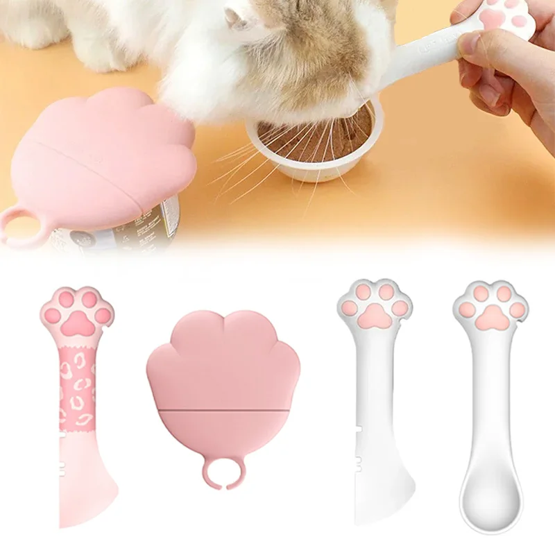 Multi Functional Pet Canned Spoon Cat Paw Spoon 3 in 1 Pet Can Opener Silicone Lid Wet Dry Food Mixer for Cat and Dog Mix Dry An
