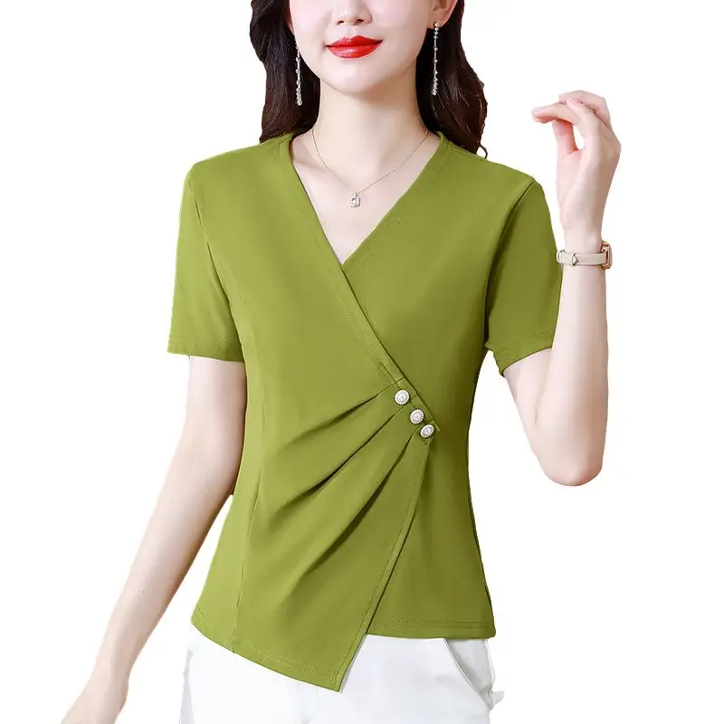 Summer Korean Fashion Simple Asymmetrical Versatile Short Sleeve T-shirt Women Solid Cross V-neck Beading Office Lady Cotton Top