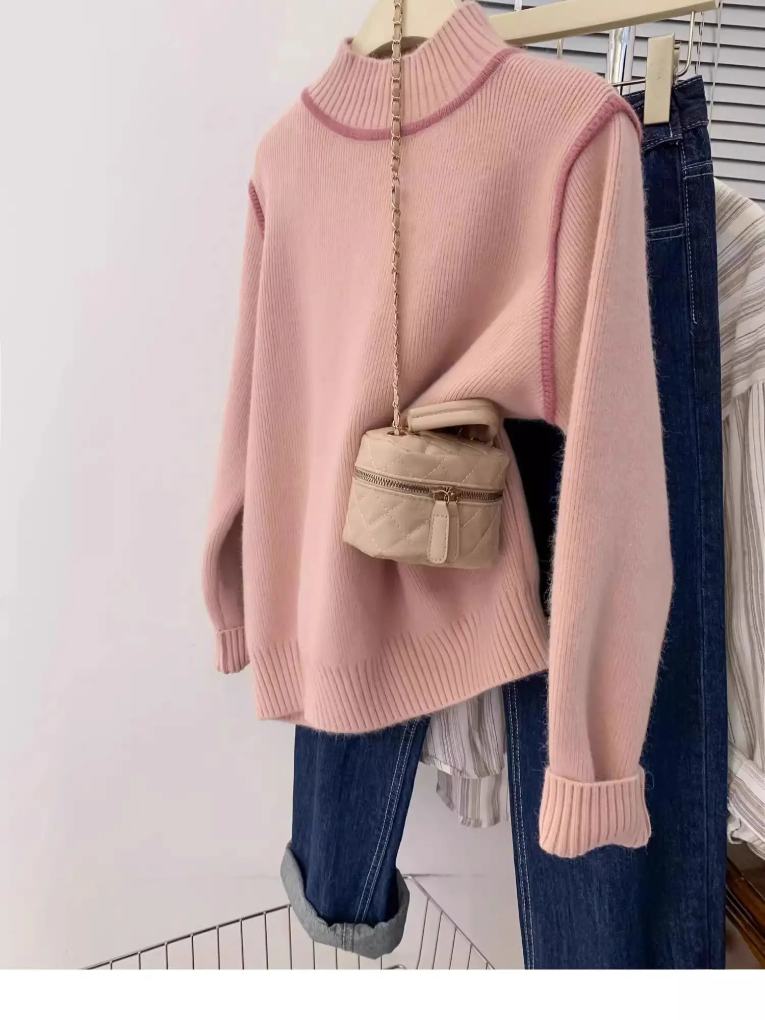 

Очень большой вязаный свитер с высоким воротником, повседневный, свободный, универсальный, с длинными рукавами, весенний, 300 Pou