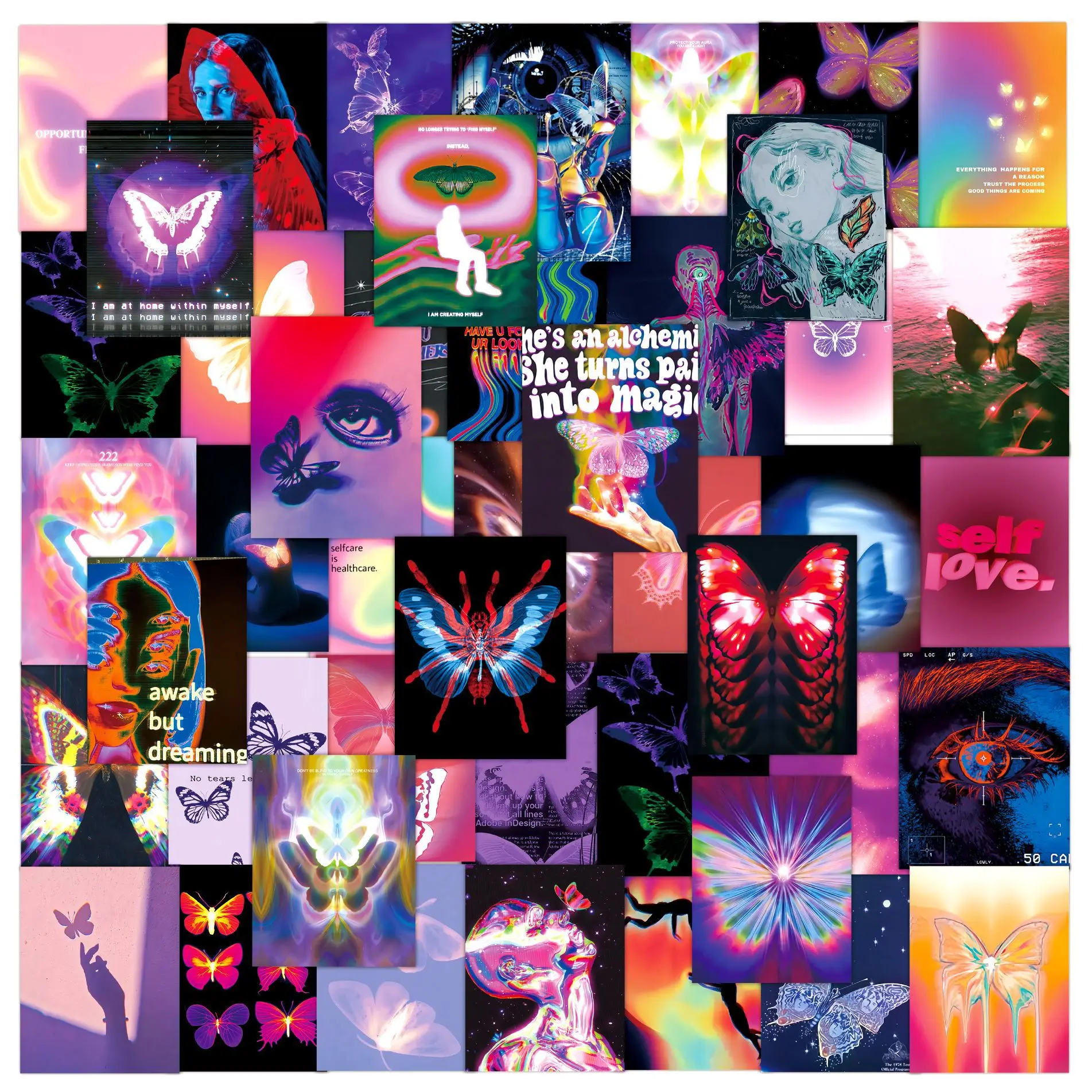 50PCS Y2K Psychedelic Acidic Butterfly Stickers DIY Toys Sticker Notebook Computer Phone Case Hand Account Decorative stickers