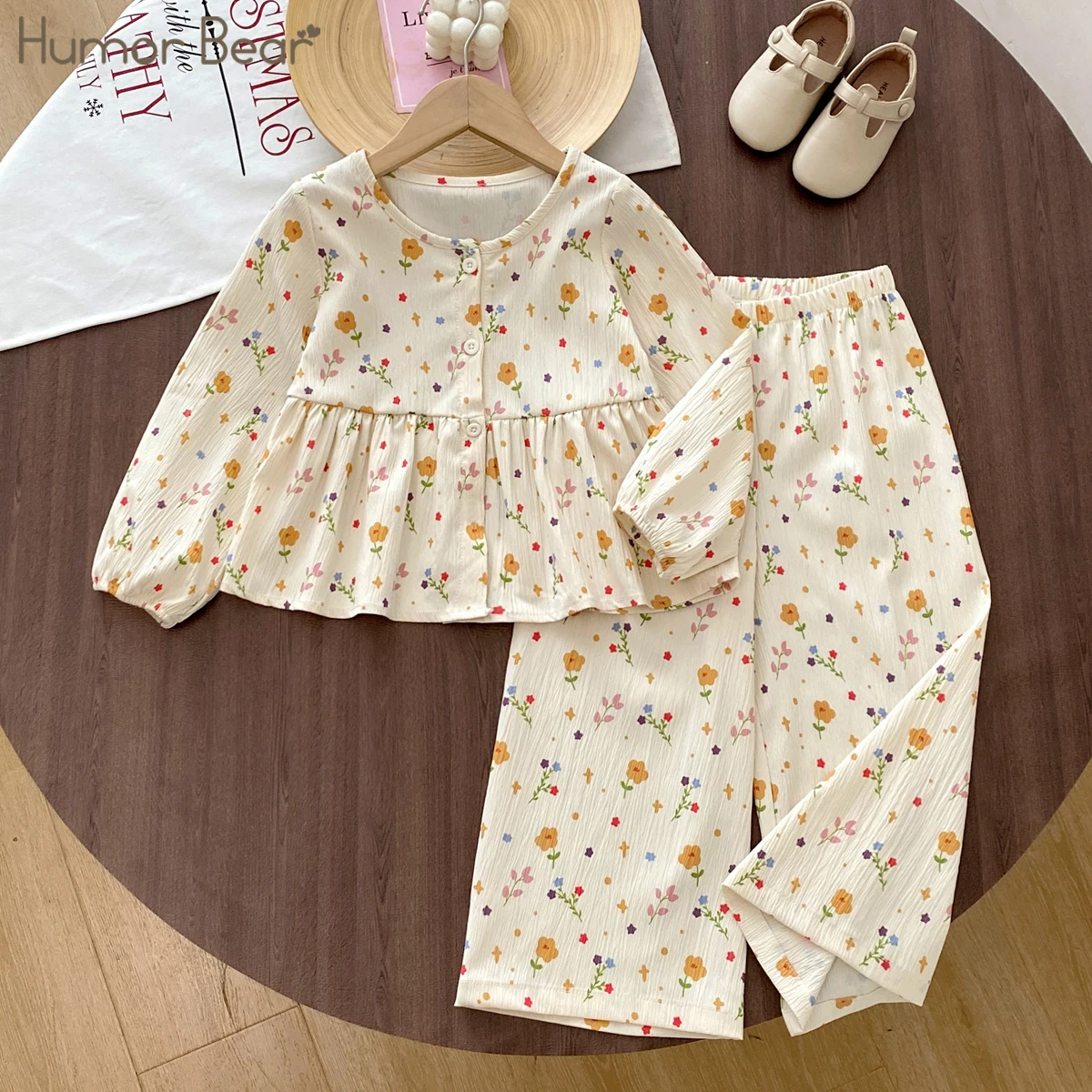 Humor Bear Mädchen-Kleidungssets, Herbst, Blumenmuster, offene Knopfleiste, langärmelige, gerade geschnittene Hosen, 2-teiliger Kinderkleidungsanzug – Detail 2