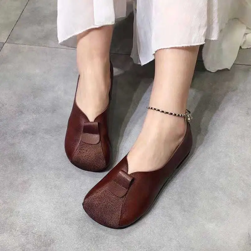 Wide Round Toe Granny Shoes Autumn Patched Mary Janes Shoes Ladies Retro Flats Mom Brown Retro Leather Loafers