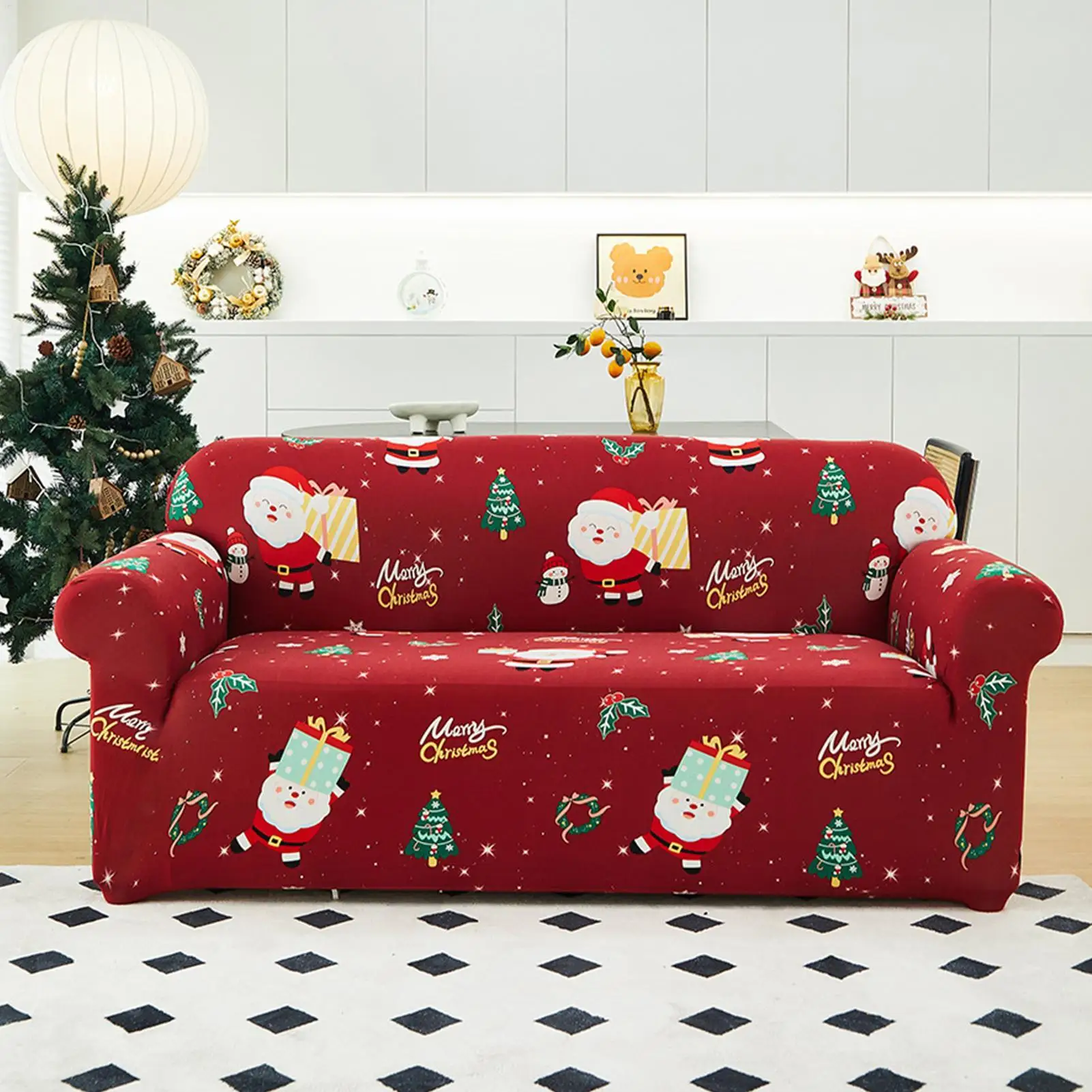 Christmas Couch Cover Non-Slip Washable Dust Protection Santa Claus 3-4 Seater Sofa Slipcover For Holiday Party Gathering