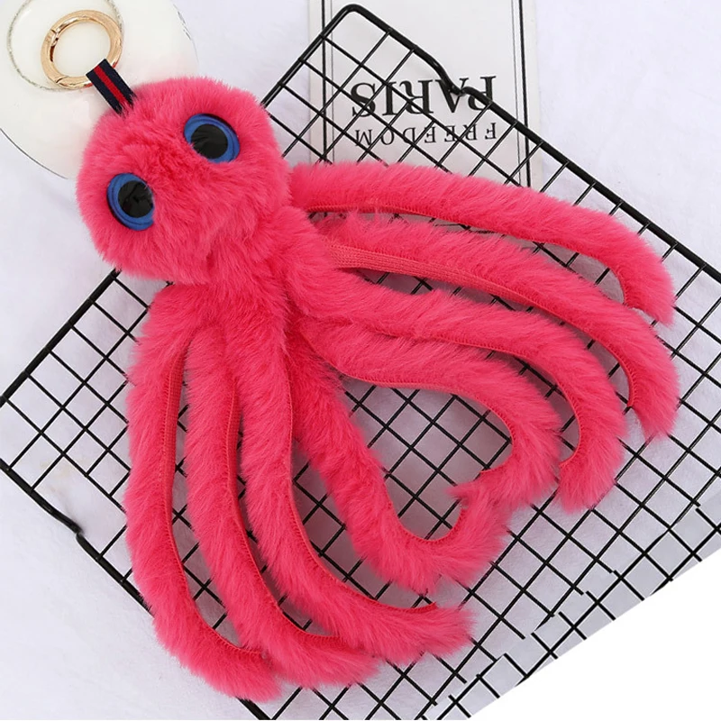 Cute Girls Fluffy Fur Pompom Octopus Keychains Women Rabbit Fur Pompon Octopus Key Chain On Bag Car Trinket Jewelry Party Gift