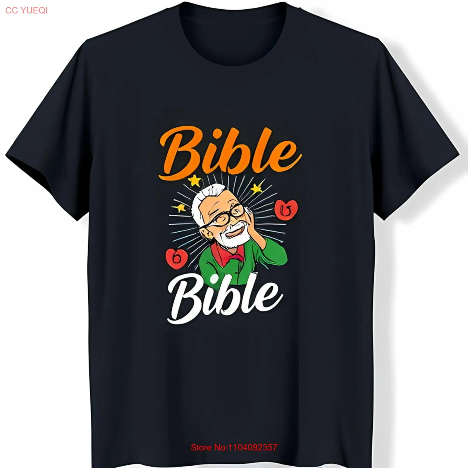 

Black T-Shirt with 'Bible' Graphic Smiling Bearded Man Design