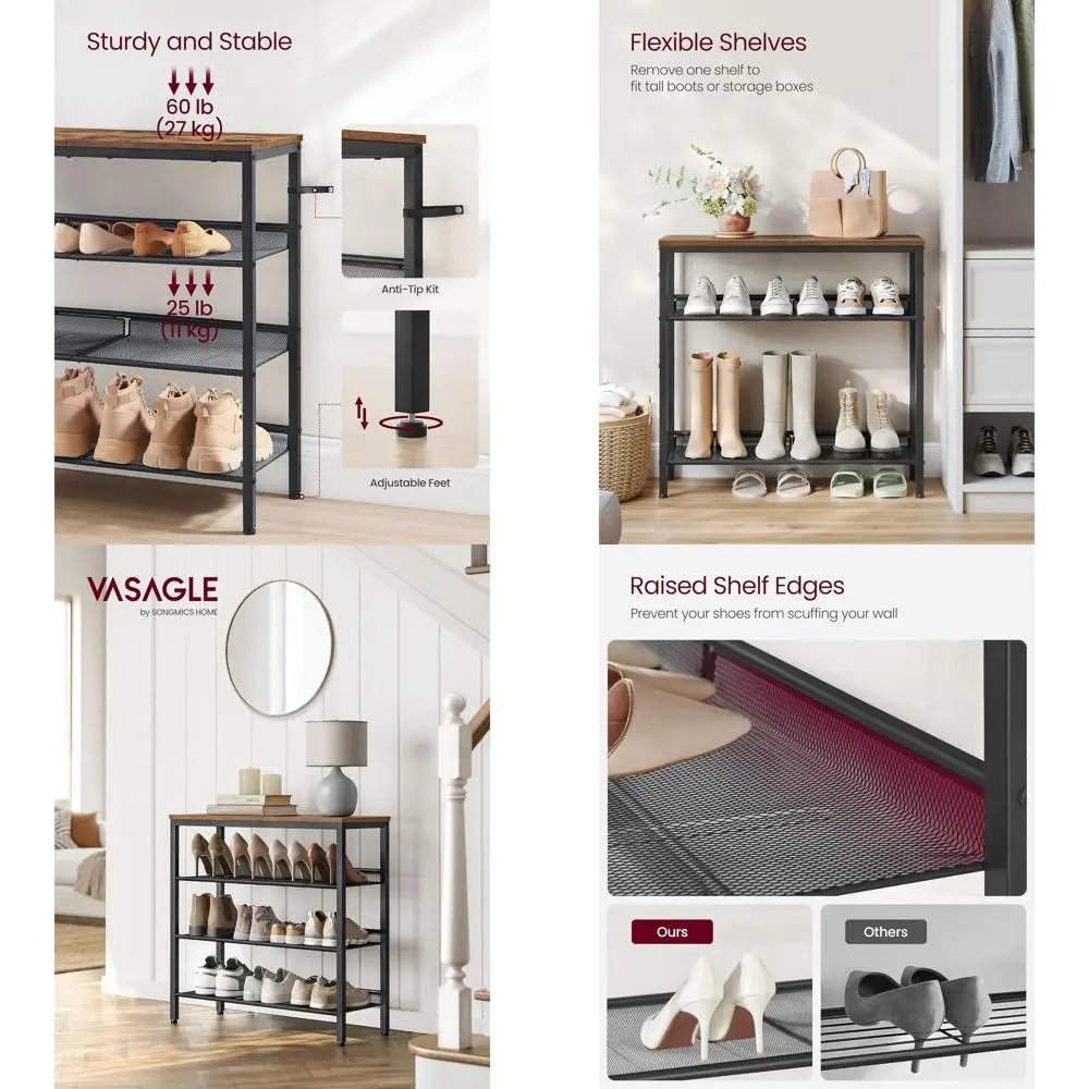 

4-х уровневый органайзер для обуви в деревенском стиле для прихожей с регулируемыми полками, просторная верхняя часть, индустриальный стиль, коричневый и черный ULBS040B01