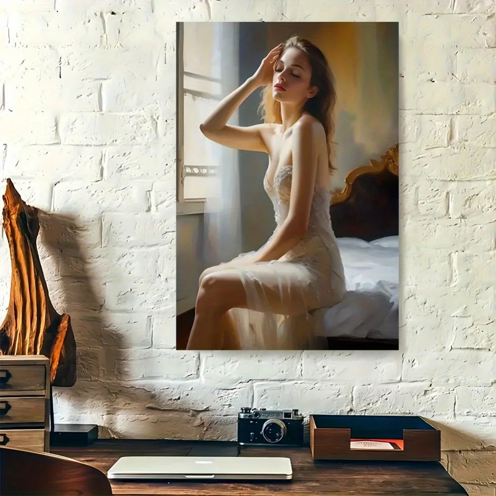 

Vintage tin art print, dreamy female portrait with soft morning light, elegant bedroom wall decor for modern home.