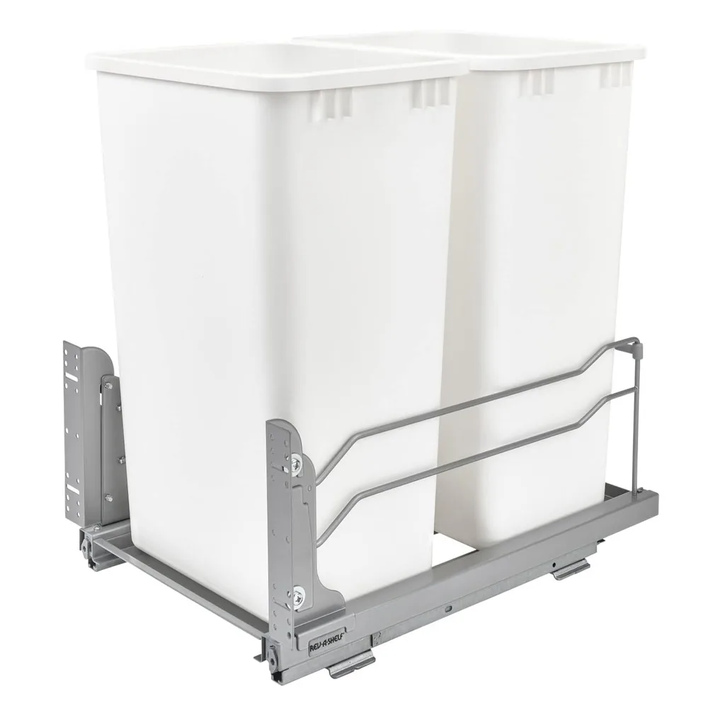 

Rev-A-Shelf Double Pullout Trash Cans for Full Height Kitchen Cabinets 50 Quart 12.5 Gallon with Soft-Close Slides, White, 53WC-