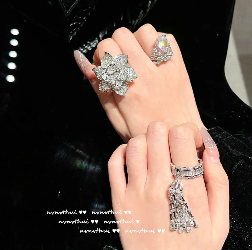 Water Drop Gem Retro Jinshan Camellia Zircon Tassel Ring