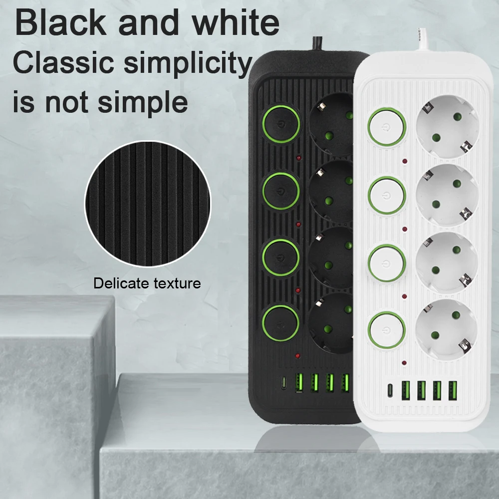 EU Plug Multi Outlet Power Strip With USB Type C Extender Cable Independent Control Socket Network Filter Patch Panel Electrical