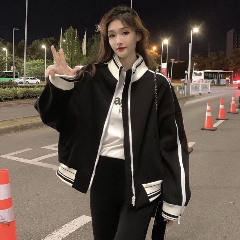 

plus Size Women's American Retro Contrast Color Stand Collar Jacket Autumn Winter New Style BF Casual Baseball Uniform Long S...