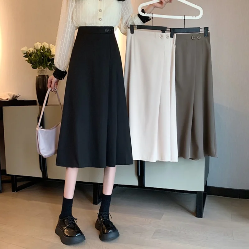 

Women Long Skirts 2022 Spring Korean Vintage High-Waist Female Black Skirts Casual Button Solid Midi A-line Skirt Femme Jupes
