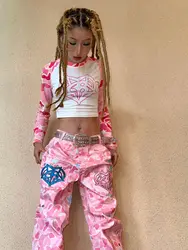 Heavy Industry Pink Camouflage Embroidered Straight Jeans Female Design Sense Niche Spice Hip-Hop Fried Street Wide-leg Pants