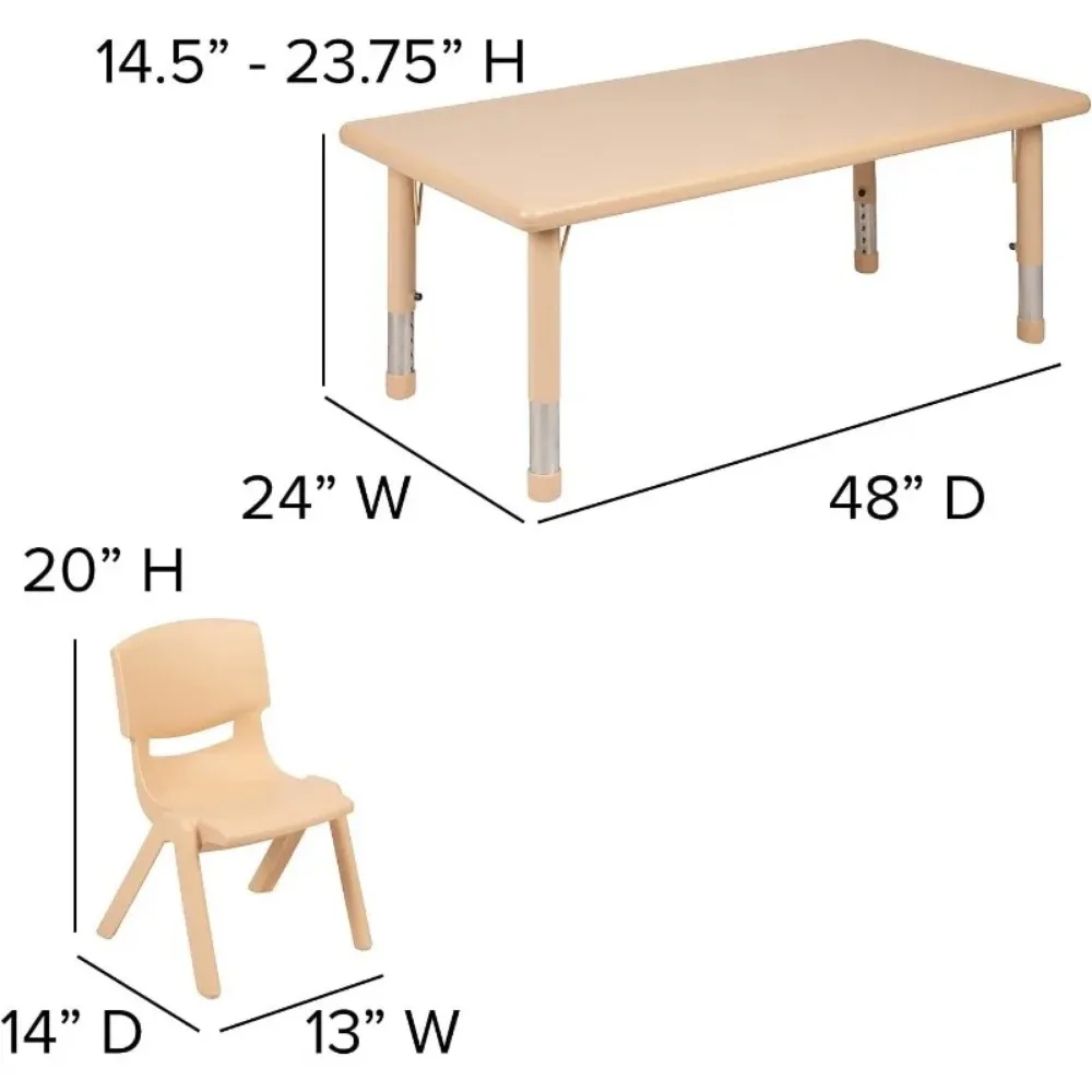 Mesa de atividades ajustável para crianças, mesa retangular de plástico, 6 cadeiras empilháveis, 24 "x 48" L, Natural