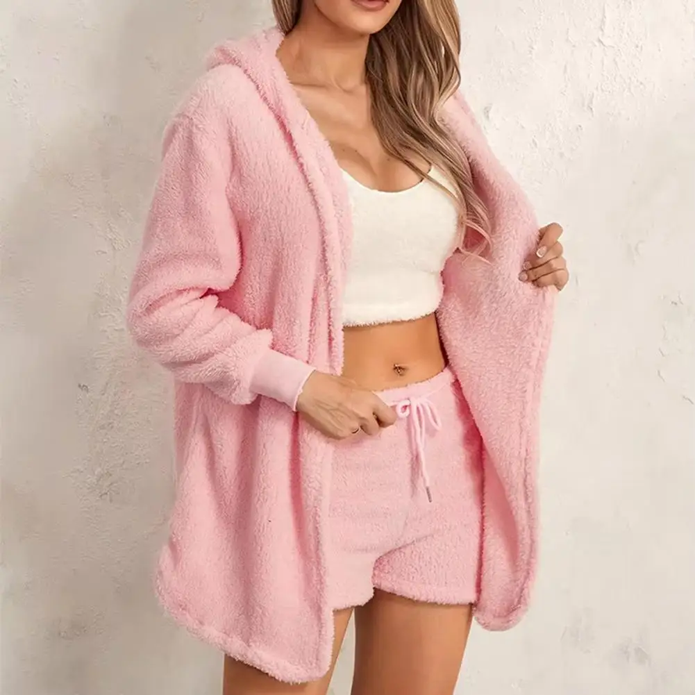 Women Pajama Set Cozy Plush Women's Winter Outfit Set Hooded Jacket Elastic Waist Shorts Warm Homewear Clothes for Fall Season