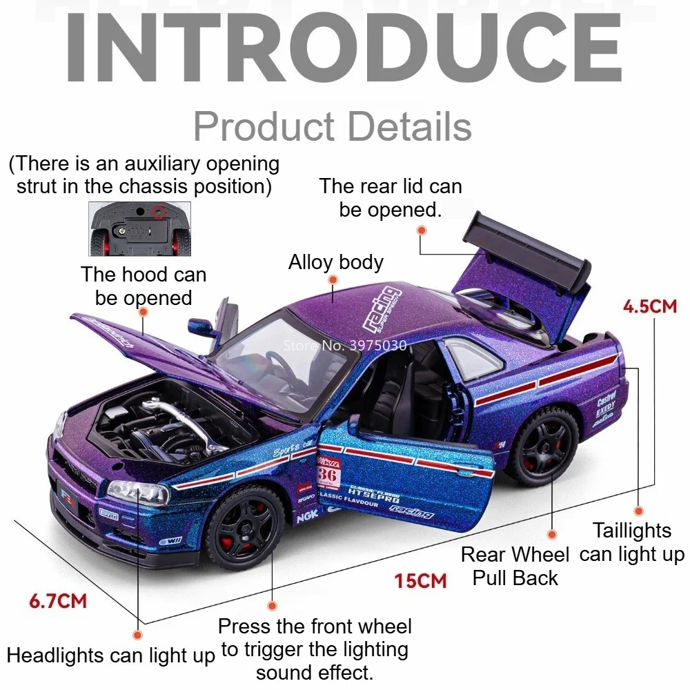 1:32 Scale Nissan GTR-R34 Car Model Toy Doors Opened Sound Light Models Pull Back Alloy Diecast Vehicle for Boyfriend Surprise