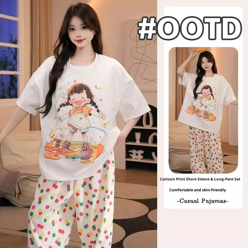 Women's Short Sleeved Long Pants Home Suit Summer New Cute Girl Cartoon Pullover Loose Lazy Style Home Suit Two-Piece Set