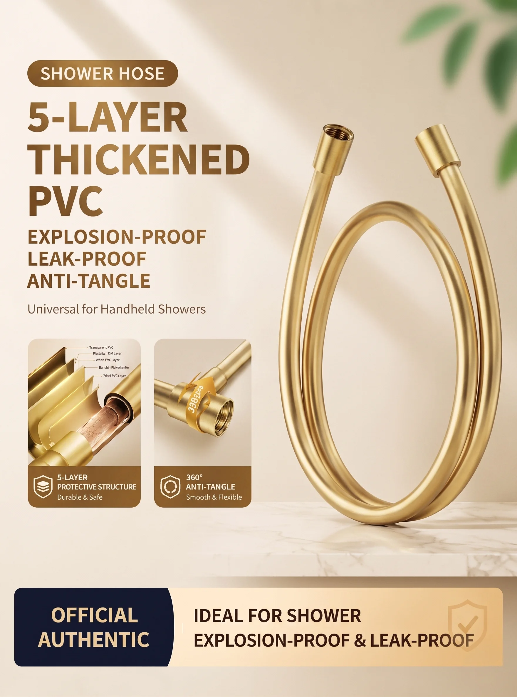Sunset Gold Smooth PVC Shower Hose 1.5M G1/2 Universal Flexible Bath Pipe 360° Anti-Tangle High Pressure Tube