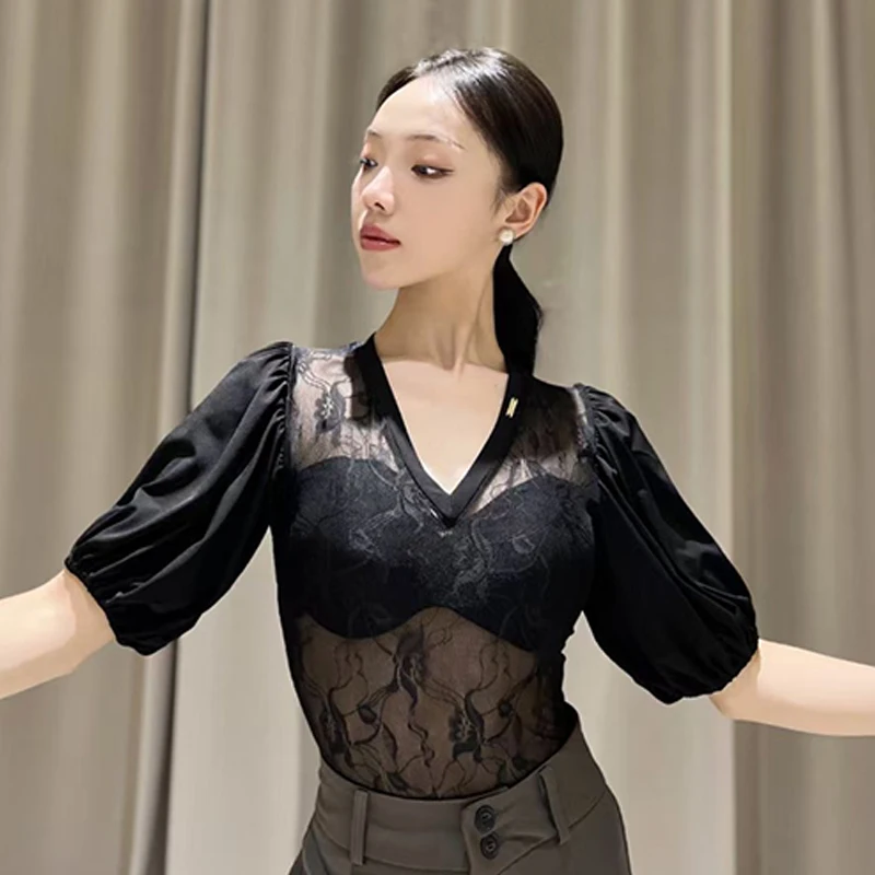 New Latin Dance Tops Lace Bubble Sleeves V Neck Black Leotards Adult Rumba Ballroom Dance Cloes Latin Practice Clothing DNV21033