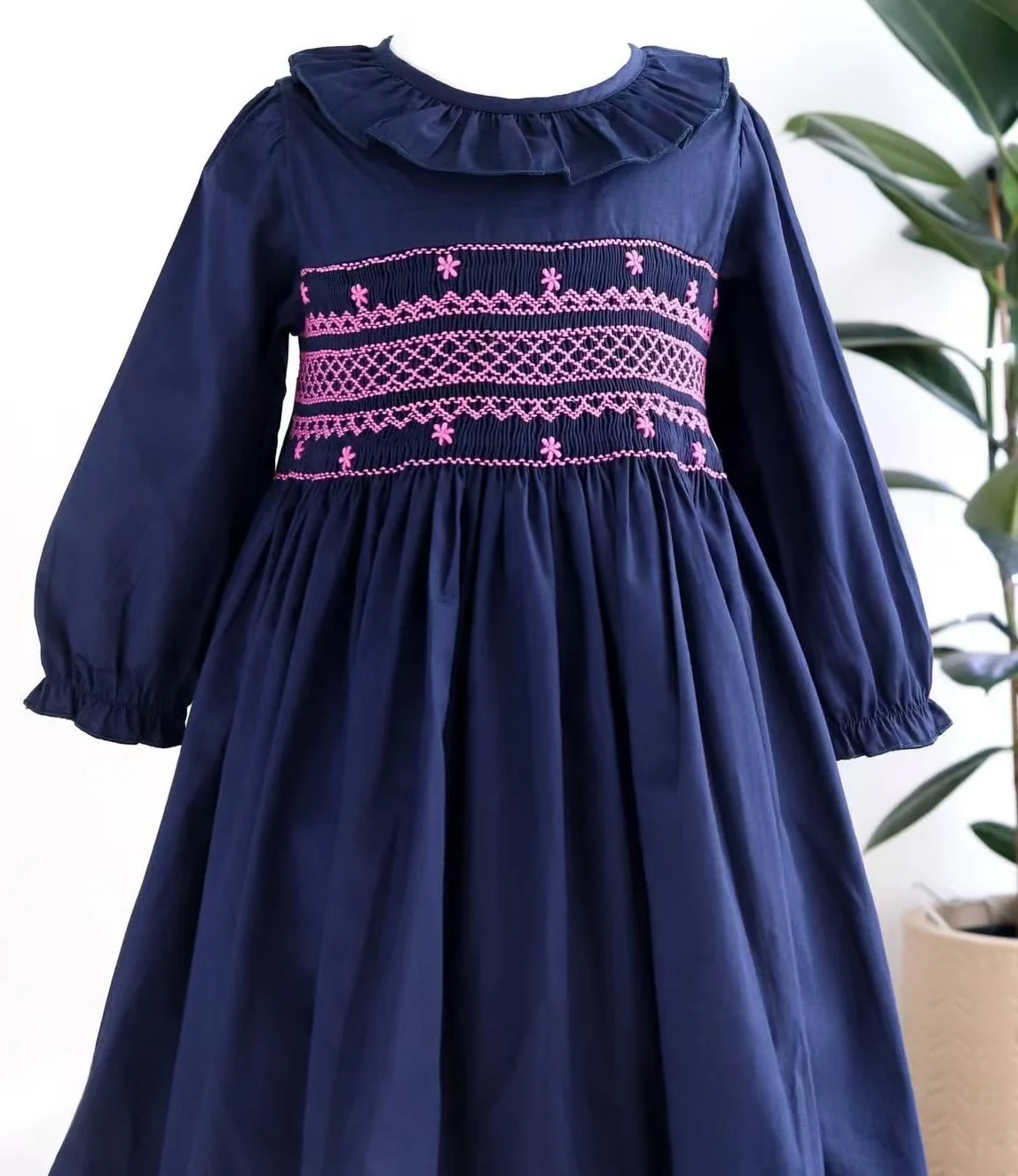 

Baby Girl Summer Pink Smocked Flower Handmade Embroidery Vintage Turkish Princess Dress for Eid Holiday Party Photography A3