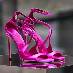 Pink Silk fuchsia Sandals Women Square Open Toe Stilettos Shoes Satin Cross Straps Buckle Summer High Heel Women Wedding Pumps