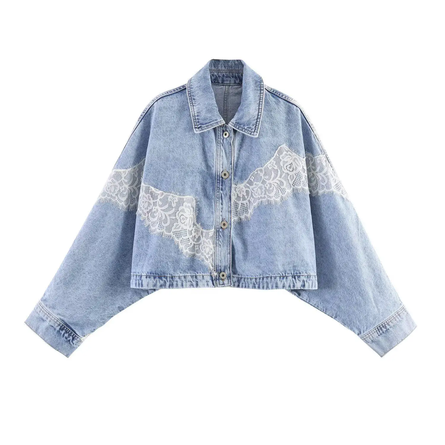 Women's Denim Two-Piece Set 2026 Spring Lace Patchwork Single Breasted Cropped Jacket Ripped Jeans with Zipper for Streetwear