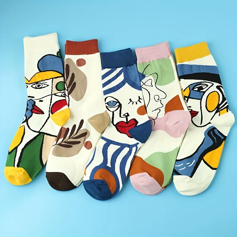 Mixed Colors Random - 4 Pairs of Oil Painting Art Face Design Mid-Calf Couple Socks