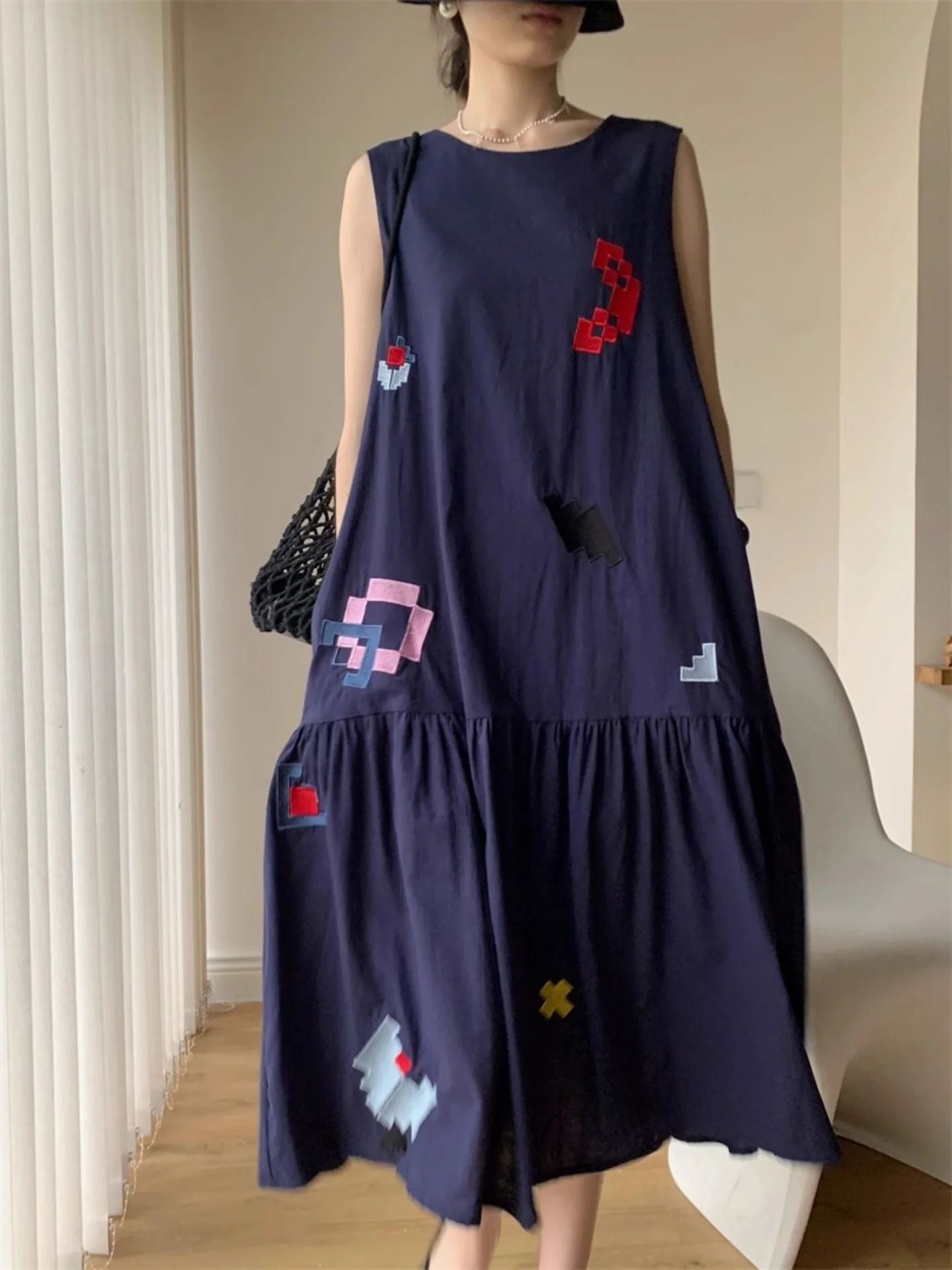 MALCENL KLON Summer Svel geborduurde A-lijn Dr Linen losse Vaion Sle Dr. ort Sve-jurk voor dames