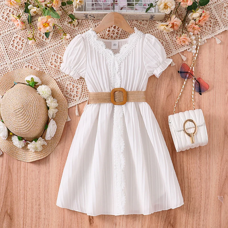 

2024 New Fashion Summer White Short-Sleeved Skirt&Woven Belt For 4-12Ys Girls Elegant Dress Vacation Party Daily Casual Clothing