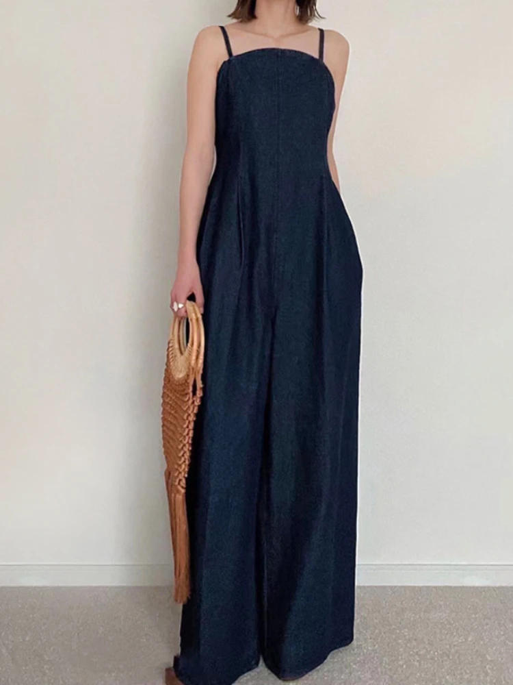 Fashion Sexy Backless Thin Straps Jumpsuit Women Vintage High Wasit Loose Wide Leg Pants Autumn 2024 New Japanees Casual Rompers