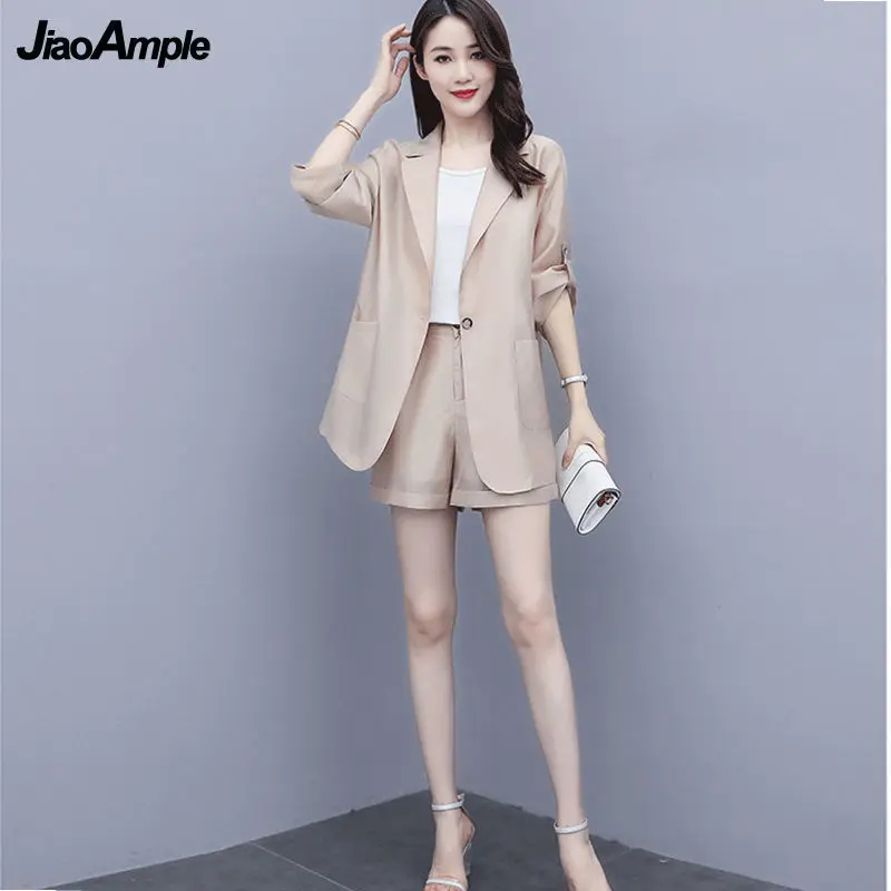 Women\'s Summer Ice Silk Suit Shorts 2 Piece Set 2024 New Casual Blazers Pants Set Korean Fashion Elegant Professional Wear