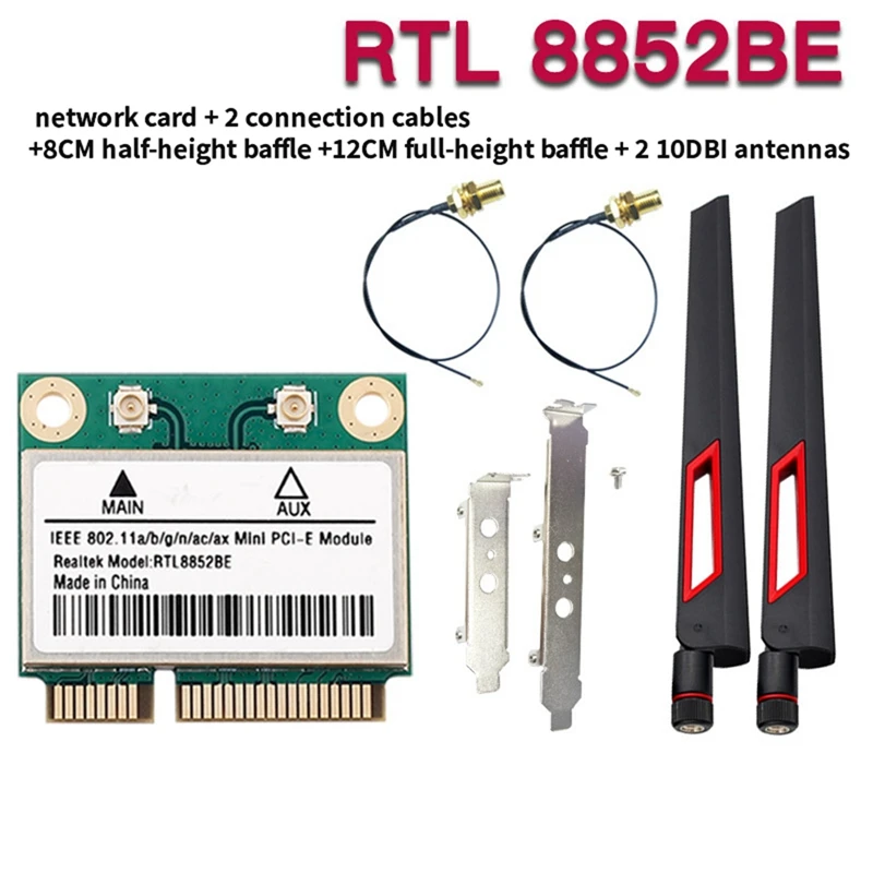 RTL8852BE WiFi 6 Network Card with 10DBI Antennas 1800Mbps Dual Band 2.4G/5GHz BT 5.2 MiniPCIe Interface for Win 10 11-A63M view 2