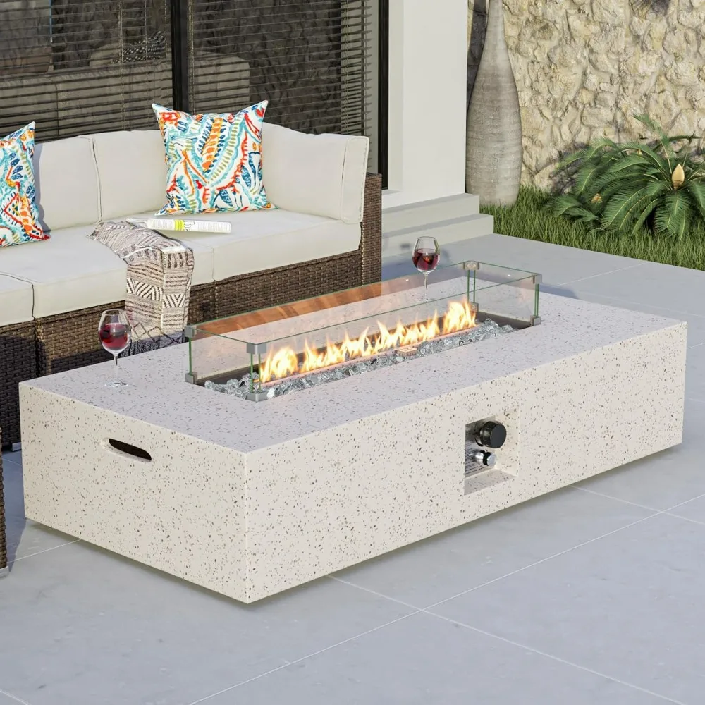 

Outdoor Propane Fire Pit Table, 56-inch x 28-inch, 50,000 BTU Stainless Steel Burner w Gray Fire Glass, Wind Guard, Raincover