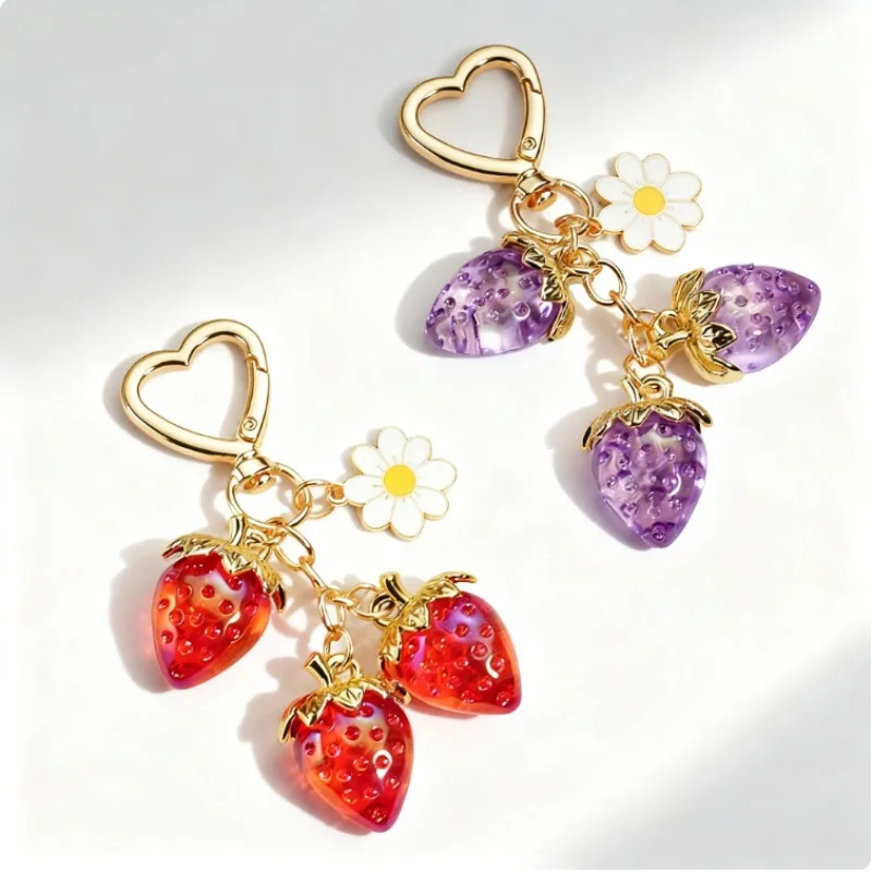Sweet and Cute Semi-Transparent Strawberry Flower Heart-Shaped Keyring Bag Charm