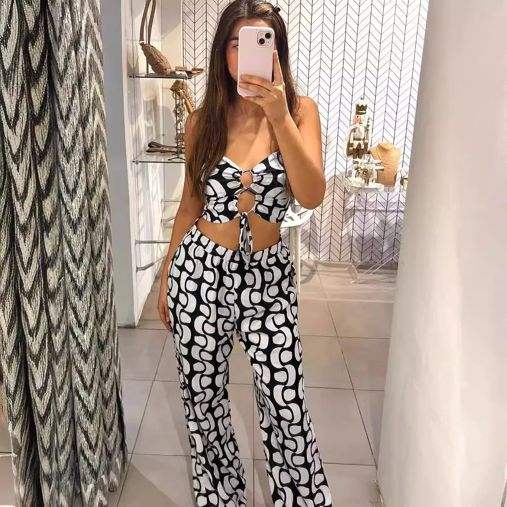 Pants Set Women Two Piece Sets Sexy Sling Sleeveless Short Tops Wide Leg Long Pants High Waist Hollow Out Print Matching Sets