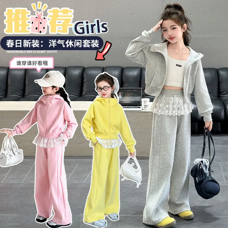 2026 autumn spring teenager kids girl Children set Cloth jacket crop top Hooded + lace loose pants 4 6 7 8 9 10 11 12 14 15 Year