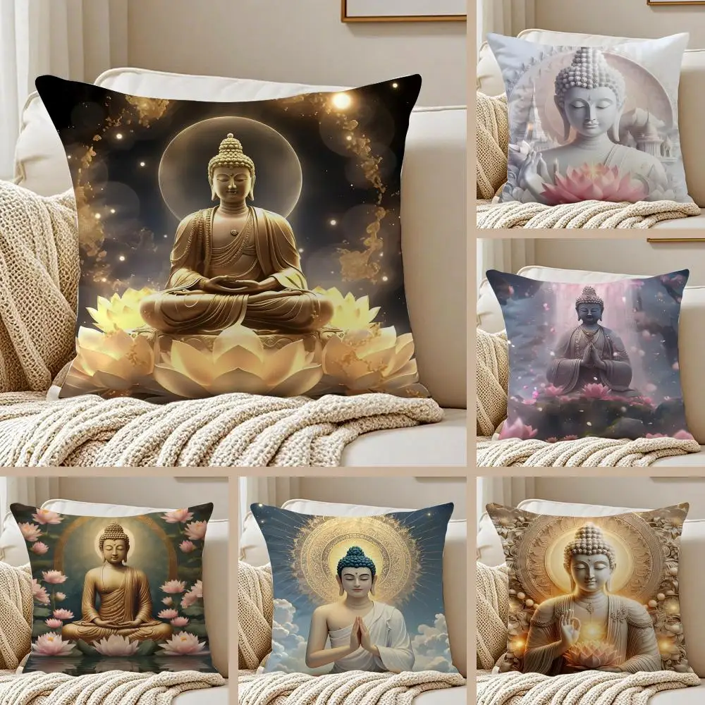 Buddha statue and lotus Cushion Cover Silky Short Plush Sofa Pillow Cover Hidden Zipper Soft Dustproof Case for Home Decor